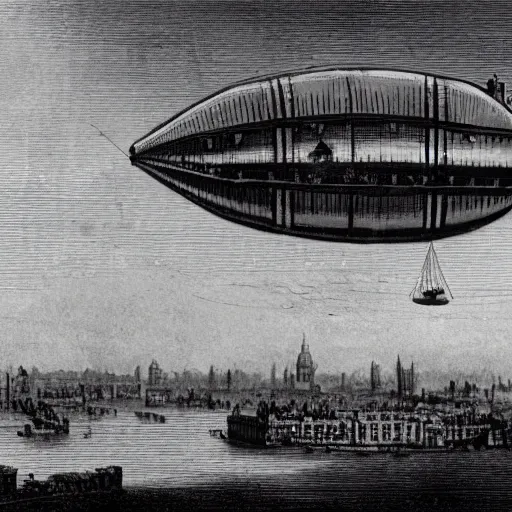 Image similar to a photograph of a steampunk dirigible floating above london in the 1 8 6 0