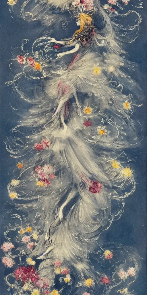 Image similar to Louis Icart, a beautiful painting of an abstract robot tornado made entirely out of flowers, highly detailed, swirling, flowing, dancing, dreaming, bursting with positive energy, happy, creative, masterpiece