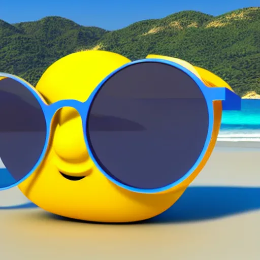 Image similar to a 3 d 4 k render of a lemon character wearing shades on a beach