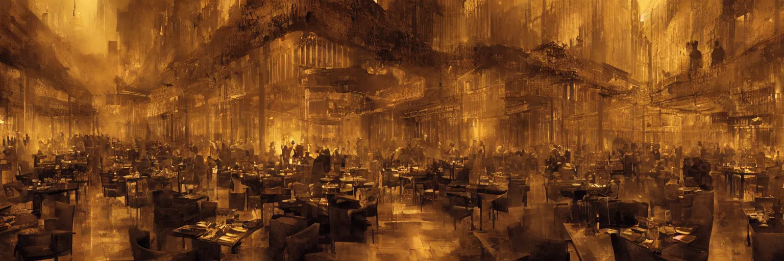 Image similar to Babylon Berlin. Night. Inside a crowded Art deco restaurant. Berlin, late golden 1920s. Gropius. Metropolis. Mist. Highly detailed. Hyper-realistic. Cheerful. Merry mood. Matte painting in the style of Craig Mullins