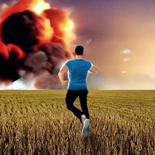 Image similar to cctv footage of a man running across a field, in the background is a large explosion, highly detailed, very realistic.