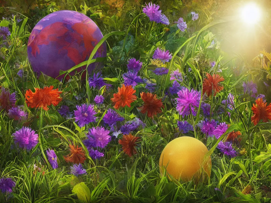 Image similar to sunlight study, wildflower undergrowth within the orb, art nouveau, by jan davidz de heem and ( ( ( ( ( lisa frank ) ) ) ) ), 8 k, sharp focus, octane render, kauai