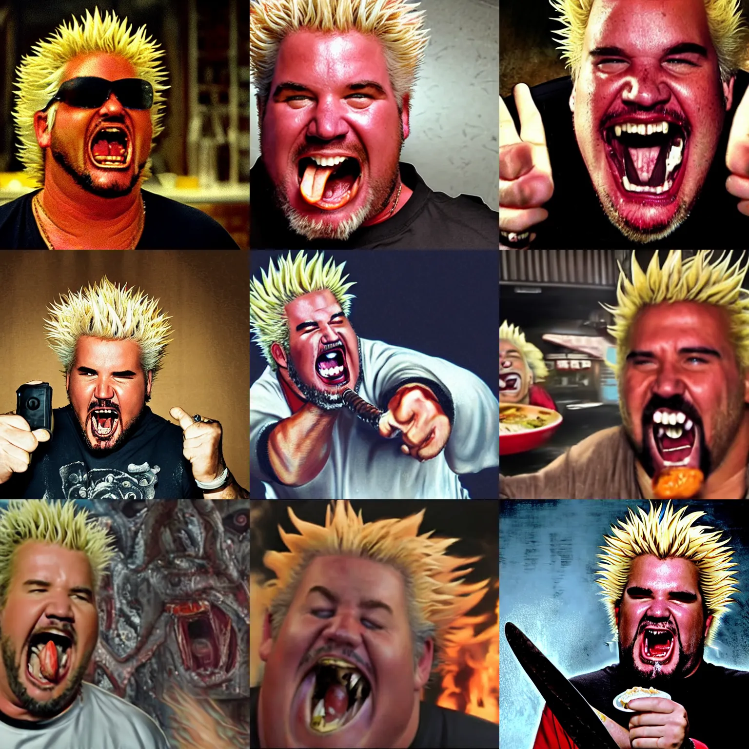 Prompt: Guy Fieri sprinting at the camera with his mouth wide open ready to eat you, horror movie screenshot, cinematic, scary, dark, in the style of HR Giger