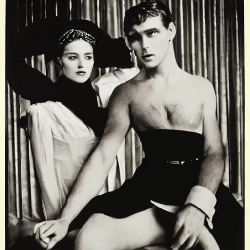 Prompt: Studio portrait of Anna Karenina and Aleksey Vronsky, high fashion, Helmut Newton, color