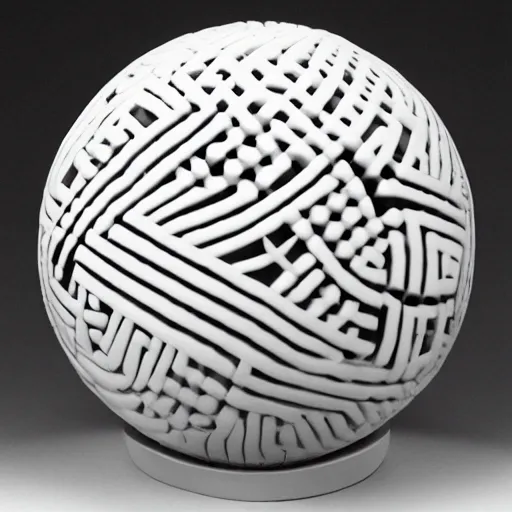 Prompt: : black sphere with white maze pattern carved in it , gallery art installation Museum