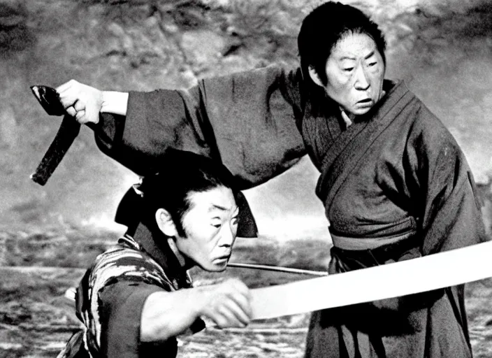 Image similar to a movie still of a samurai aggressively slicing a loaf of bread, a movie by Akira Kurosawa