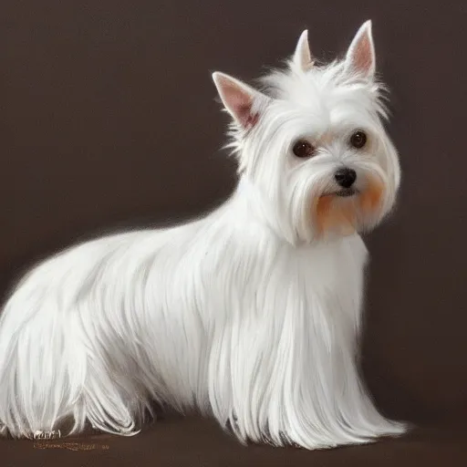 Image similar to white yorkshire terrier sitting on throne, cats sitting around throne, portrait art by donato giancola and greg rutkowski, realistic face, digital art, trending on artstation, symmetry