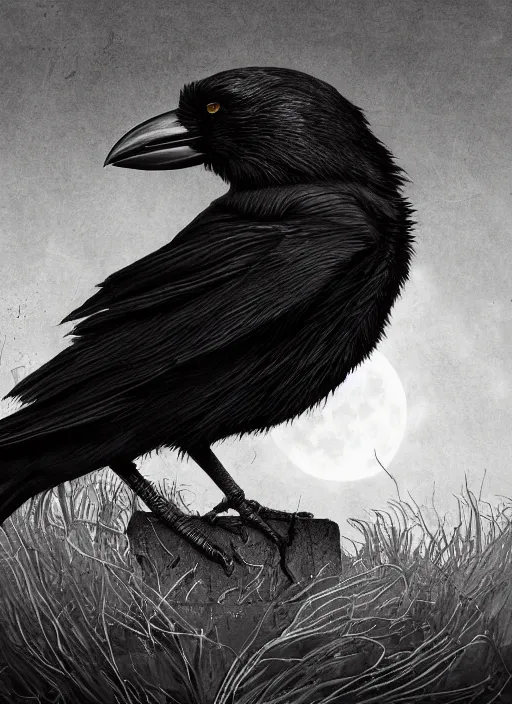 Image similar to portrait, A crow in front of the full big moon, book cover, red white and black colors, establishing shot, extremly high detail, foto realistic, cinematic lighting, pen and ink, intricate line drawings, by Yoshitaka Amano, Ruan Jia, Kentaro Miura, Artgerm, post processed, concept art, artstation, matte painting, style by eddie mendoza, raphael lacoste, alex ross