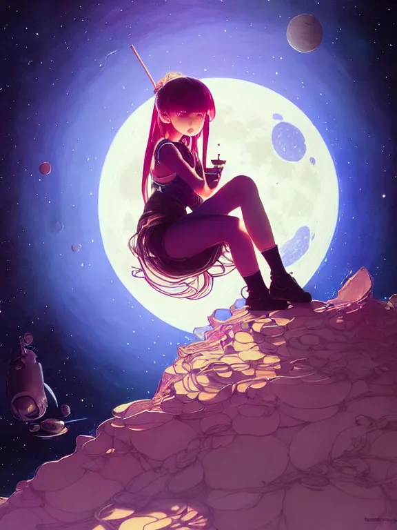 Prompt: full body picture of a space girl sitting in the moon cafe, bored, coveted, beautiful and aesthetic, intricate, unreal engine, messy hair, highly detailed, detailed face, smooth, sharp focus, chiaroscuro, manga illustration, artgerm, greg rutkowski, ilya kuvshinov, rossdraws, alphonse mucha, young adult light novel cover art