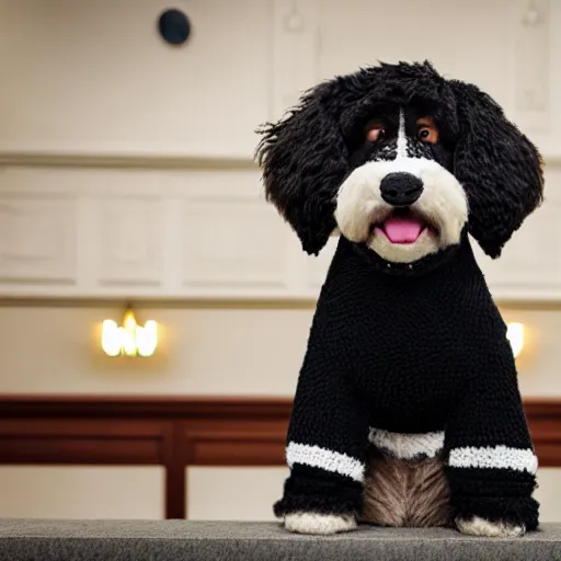 Image similar to a closeup photorealistic photograph of a cute smiling knitted bernedoodle judge dog dressed in a black gown, presiding over the courthouse. indoors, professional capture, well lit shot. this 4 k hd image is trending on artstation, featured on behance, well - rendered, extra crisp, features intricate detail, epic composition and the style of unreal engine.