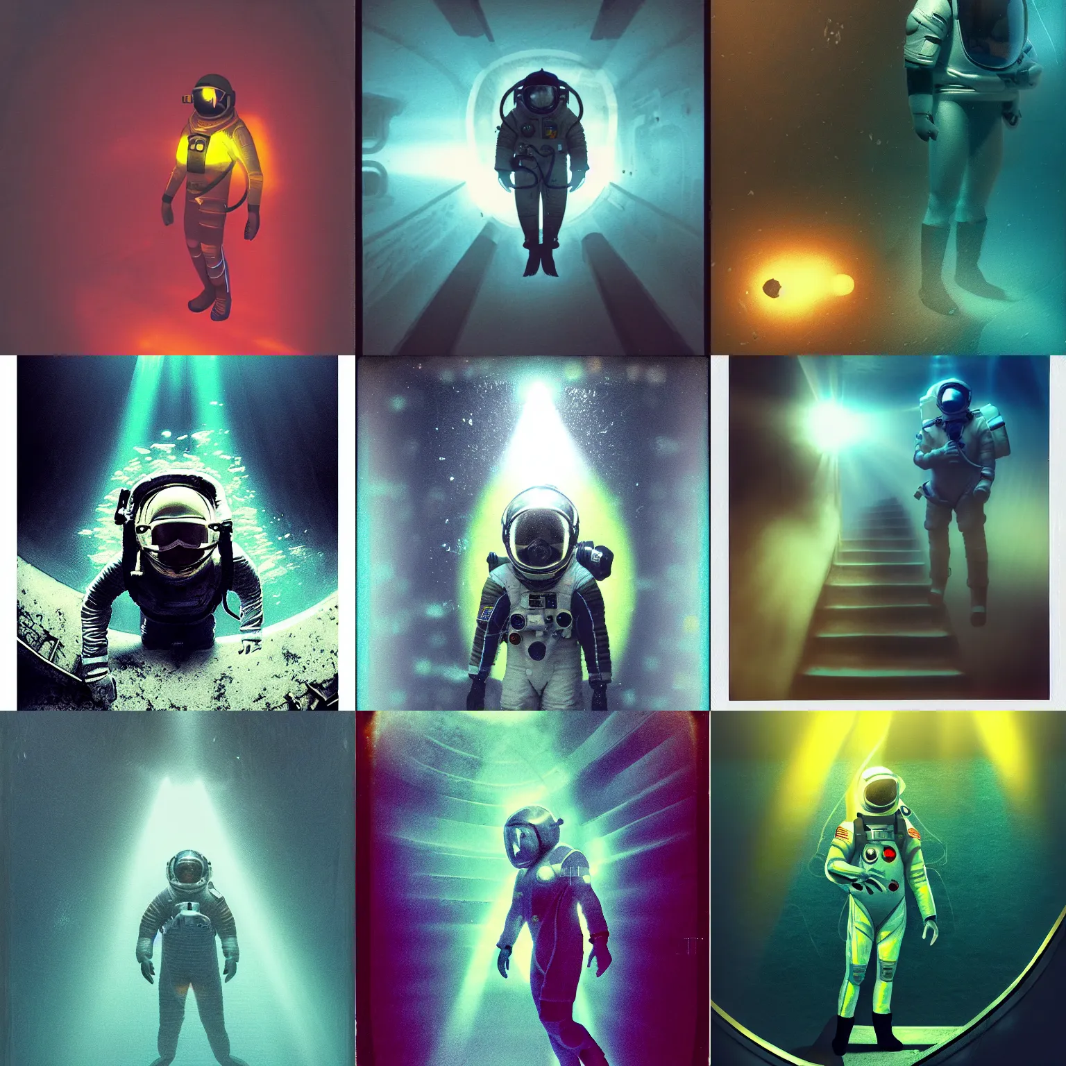 Prompt: concept art in the dark underwater diver astronaut with meka helmet standing on the stairs. transparent air bubbles everywhere. rays and dispersion of light breaking through the deep water. film photo, polaroid. trend artstation