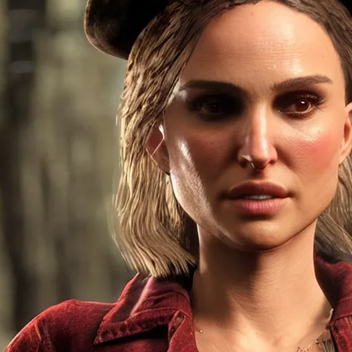 Prompt: natalie portman in red dead redemption 2, character render, full body shot, highly detailed, in game render