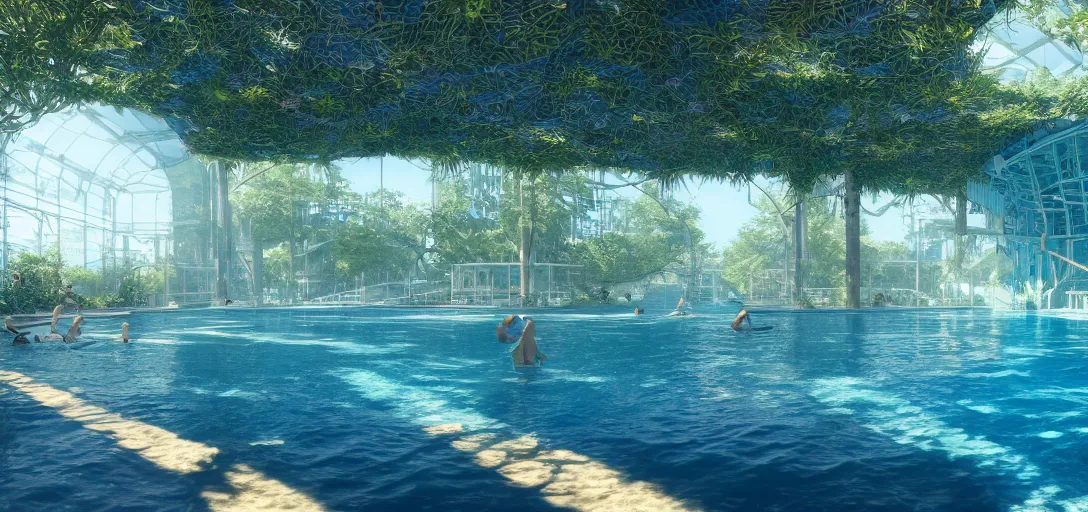Prompt: view of a utopian solarpunk swimming complex, blue clear skies, waves, caustics, dappled light, cinematic lighting, ultra detailed, sharp, ambient occlusion, raytracing, 3 d artstation render by greg rutowski, finnian macmanus and jessica rossier