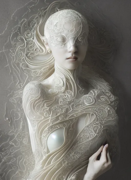 Prompt: opalescent marble sculpture of beautiful woman dissolving into shimmering dust, diaphanous, ivory carving, pearlescent, caustics, fractal paisley inlay, lace, intricate, elegant, highly detailed, smooth, sharp focus, mucha, digital photography, by ruan jia and greg rutkowski