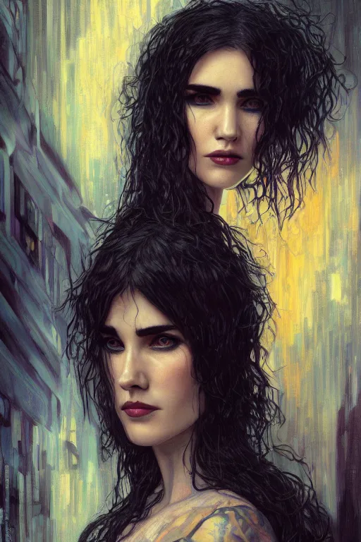 Prompt: portrait of young beautiful gothic Jennifer Connelly, cyberpunk, Warhammer, highly detailed, artstation, illustration, art by Gustav Klimt