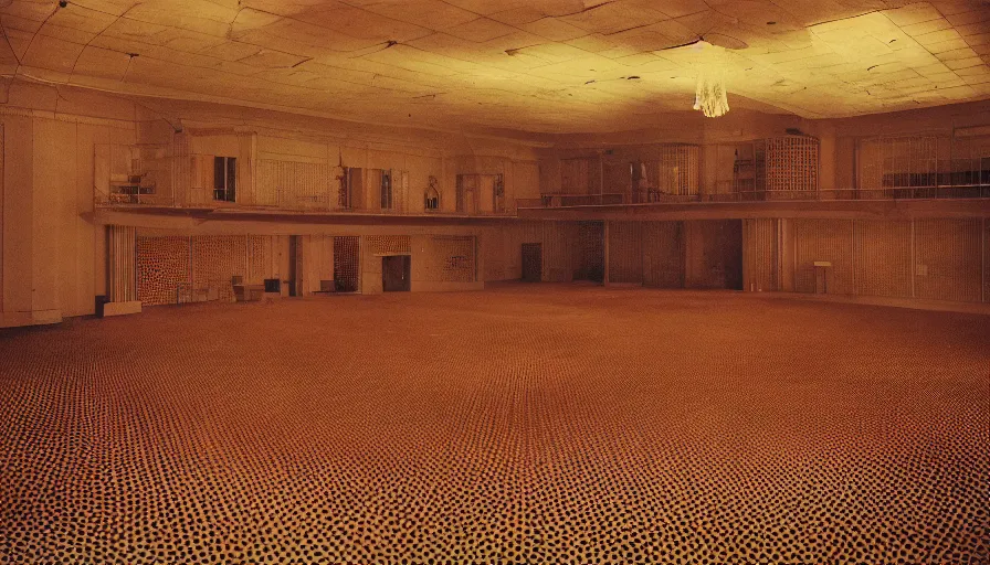 Prompt: 70s movie still of a man with trypophobia deep mouth in an empty soviet ballroom, eastmancolor, heavy grain, high quality, higly detailed, liminal space