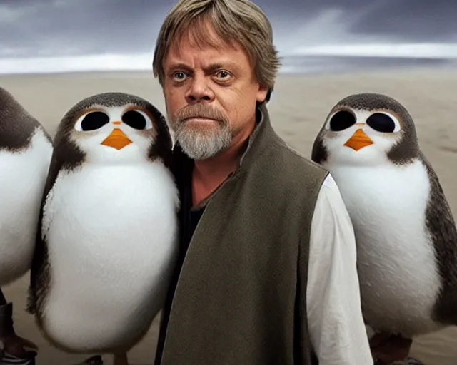 Image similar to Mark Hamill as Luke Skywalker standing with a flock of 10,100 Porgs.