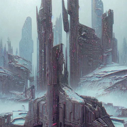 Image similar to mystic winter landscape, cyberpunk wayne barlowe