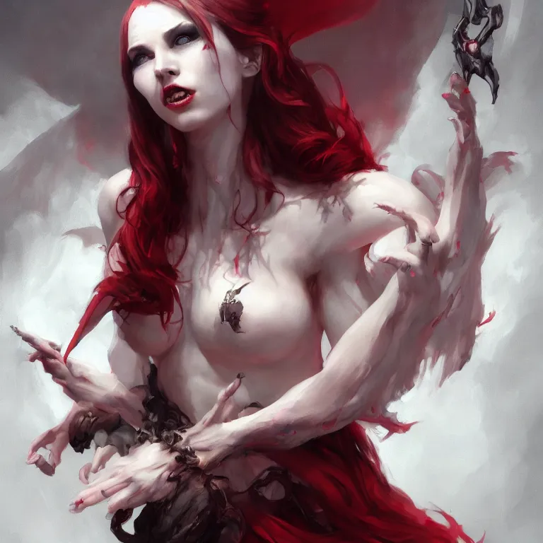 Prompt: Portrait of Bellie Eilish as a beautiful pale laughing succubus maiden with dark wings, nimbus, and devil's horns, red lighting, masterpiece 4k digital illustration by Ruan Jia and Mandy Jurgens and Artgerm, highly detailed, trending on artstation, award winning