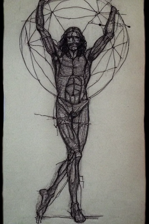 Image similar to jared leto vitruvian man, drawn by leonardo da vinci, sketch, notes