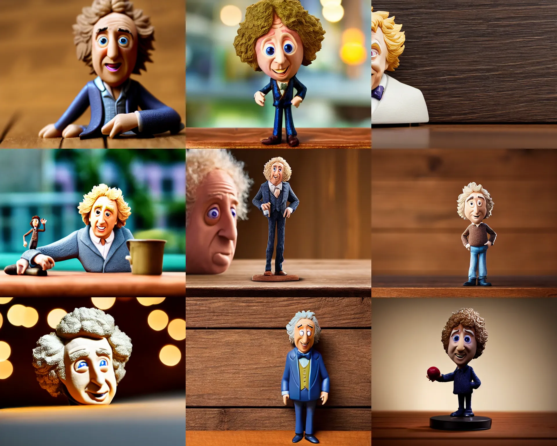 Prompt: gene wilder figurine by pixar sad bokeh on wooden table.