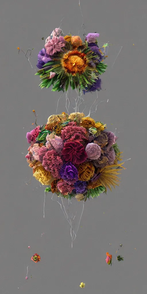 Image similar to a render of dead flowers around platonic solids, c 4 d, 3 d, by zhelong xu and ernst haeckel, hyper realistic, plain background, 8 k, volumetric lightning, trending on artstation