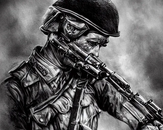 Prompt: A soldier with a hateful face holding a machine gun, world war 1, close-up, realistic face, beautiful face detail, mature facial features, black and white, amazing digital art, hyper detailed, artstation, in the style of Tony Sart