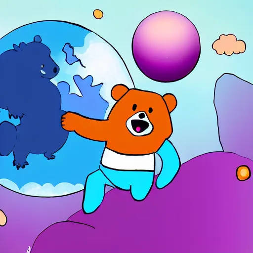 Image similar to cartoon illustration of a bear mascot being launched from a futuristic marble planet, purple and orange cloudland