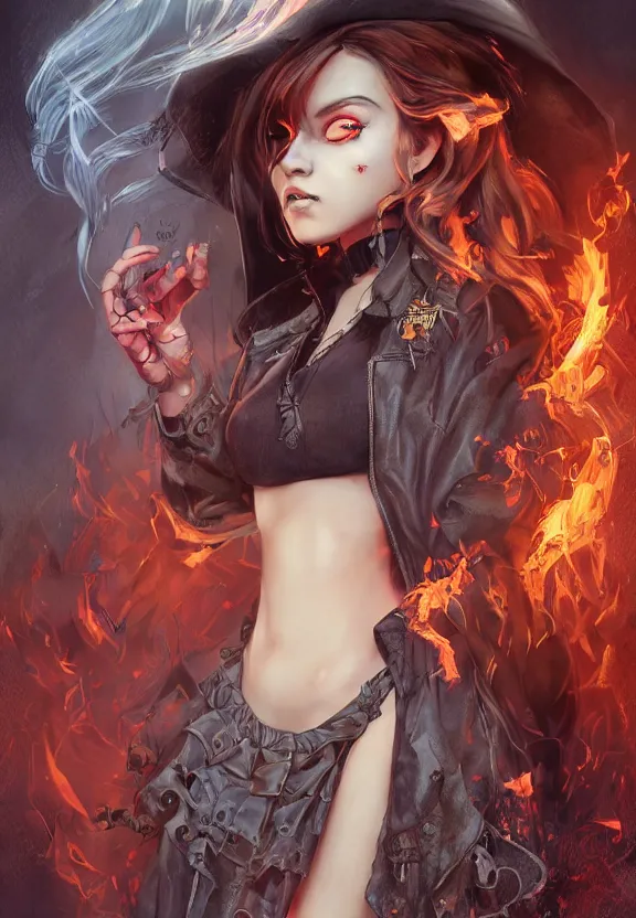 Image similar to full body illustration of a girl with eyes that burn like cigarettes wearing a mini skirt and a long jacket with fingernails that shine like justice, dramatic lighting, photorealistic, full body portrait, detailed anatomy, extreme detail, 4 k, colorful, confident, character concept art by artgerm and ben lo and mucha, octane render, detailed face, f / 2. 8