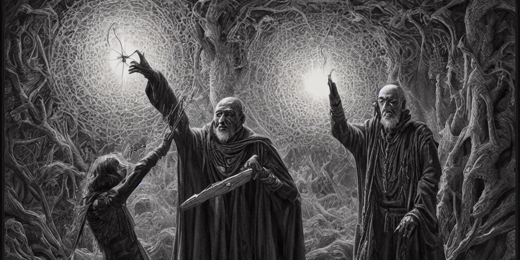 Image similar to highly detailed matte painting portrait of a dark wizard casting a spell by alex grey, patrick woodroffe, mark ryden created by gustave dore and greg rutkowski, high detailed, smooth draw, synthwave neon retro, intricate, realistic proportions, dramatic lighting, trending on artstation