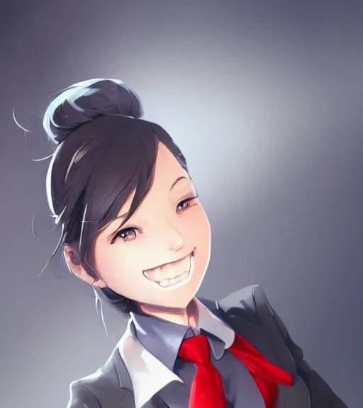 Image similar to a girl in a business suit, close up, sharp focus, red necktie, grey hair, happy expression, full body shot, pixiv, digital painting, by tran ross and jordan grimmer and greg rutkowski, anime art, artstation, hd, smooth