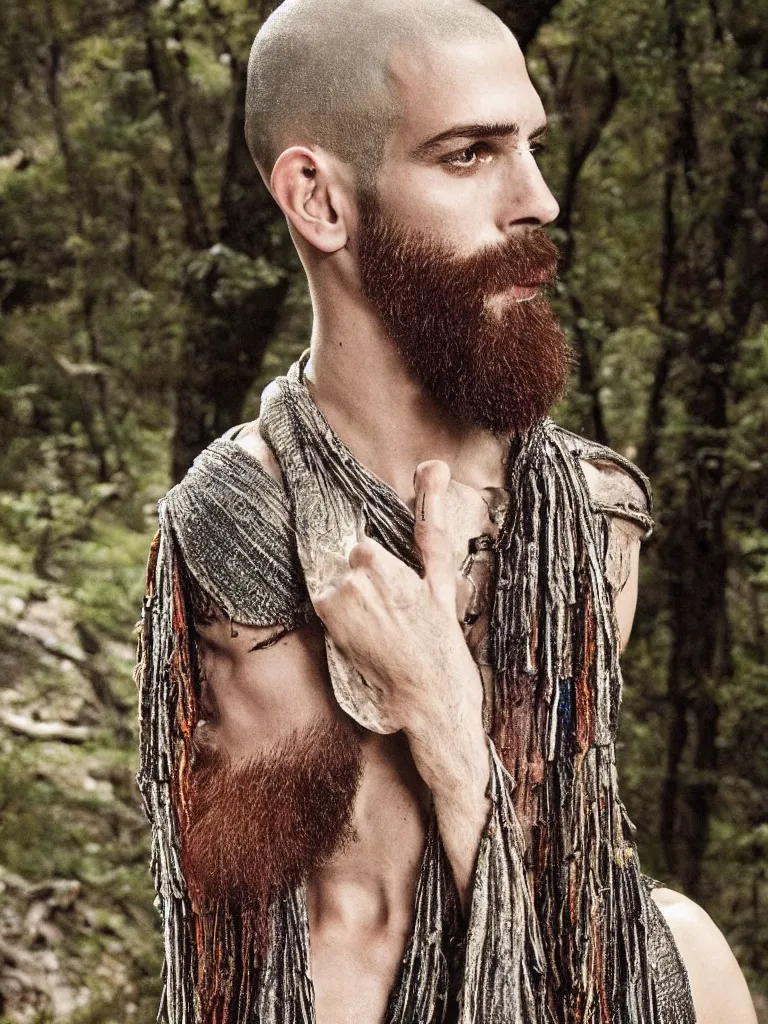 Prompt: longshot modern intricate textile ancient greek himation cloak fibula shaved head full beard walking along the small creek in the woods marc jacobs gucci commercial dramatic wistful