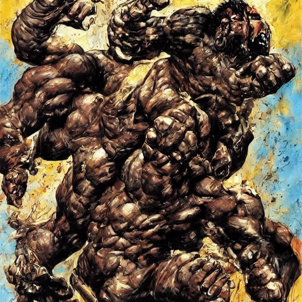 Prompt: art style simon bisley, big african superhero raising fist