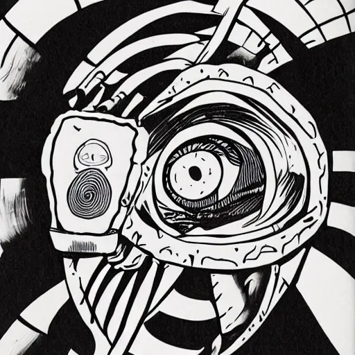 Image similar to depraved and insane man with spiral eyes and tvs with eyes on the screen all around in the style of herbert ploberger and nainoa rosehill