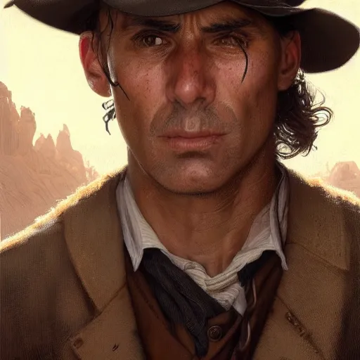 Image similar to clean shaven, tan, middle - aged christian priest with dark hair in wild west, intricate, highly detailed, digital painting, artstation, oppressive lighting, concept art, sharp focus, illustration, art by greg rutkowski and alphonse mucha