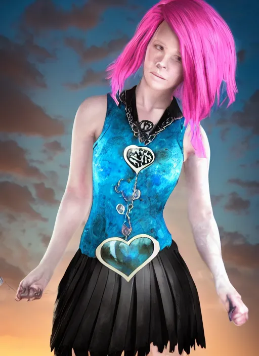 Image similar to An epic fantasy comic book style portrait painting of a young women, with pink hair, short black skirt, black leggings, blue shoes, cyan corset, with a cyan heart necklace. Unreal 5, DAZ, hyperrealistic, octane render, cosplay, RPG portrait, dynamic lighting