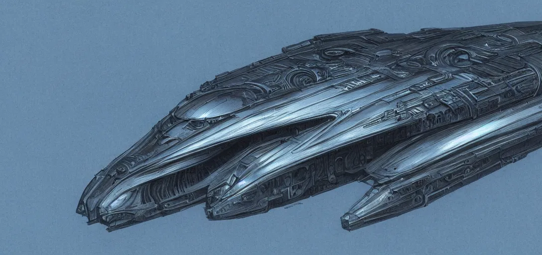 Prompt: Dune spaceship by H.R. Giger, drawing on pencil, ornate, details, smooth, sharp focus, illustration, realistic, cinematic, artstation, award winning, rgb, ethereal blue lighting, 8K,