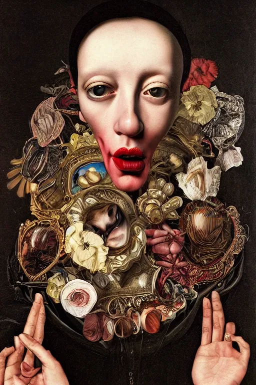 Image similar to Detailed maximalist portrait with large lips and wide eyes, sad expression, extra hands, HD mixed media, 3D collage, highly detailed and intricate, surreal, illustration in the style of Caravaggio, dark art, baroque