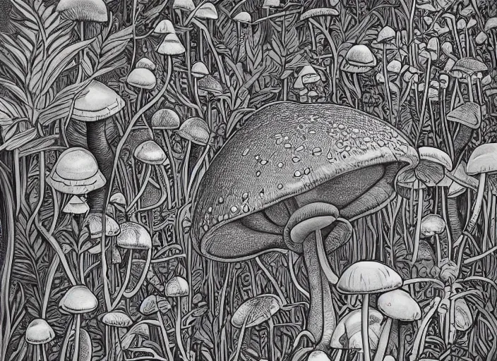 Prompt: a painting of toxic mushroom surrounded by a lot of beautiful flowers and exotic plants, a detailed painting by naranbaatar ganbold and james jean, behance contest winner, space art, ultrafine detailed painting, biomorphic, black and white, line art, top view