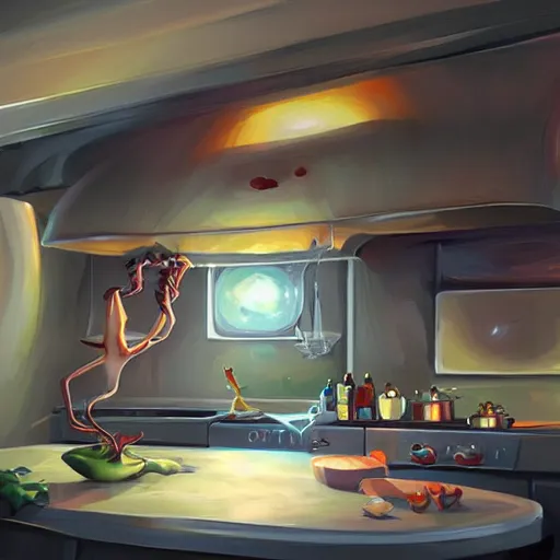 Image similar to an alien kitchen, digital Painting, ultradetailed, artstation, oil Painting, ultradetailed, artstation