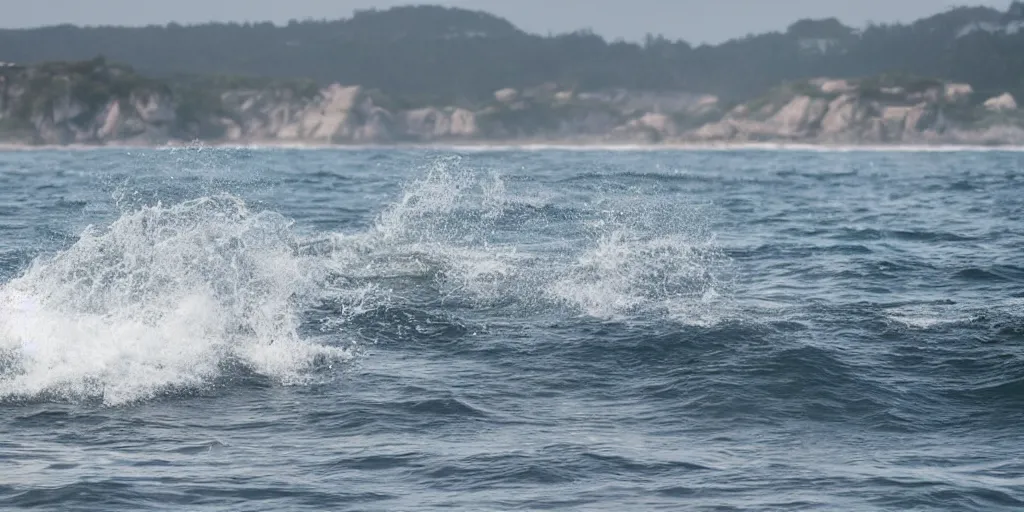 Image similar to shark fins visible through the waves from a rocky shore