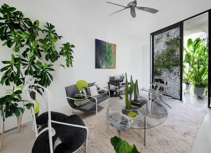 Prompt: 8 k photograph of stunning 2 0 2 2 wynwood studio apartment, award winning modern design, gorgeous exotic plants, designed by michael wolk + deborah dimare