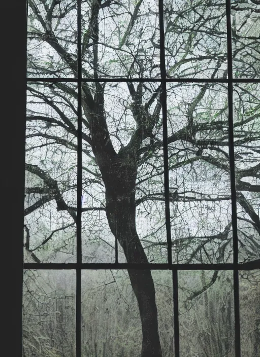 Prompt: a view of a tree through a window, a picture by weiwei, pexels, arbeitsrat fur kunst, photo taken with fujifilm superia, wimmelbilder, photo taken with provia