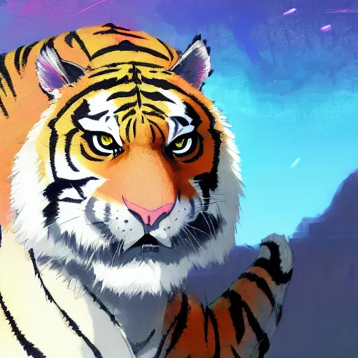 Image similar to a tiger wearing a dress, illustration concept art anime key visual trending pixiv fanbox by wlop and greg rutkowski and makoto shinkai and studio ghibli and kyoto animation symmetrical facial features