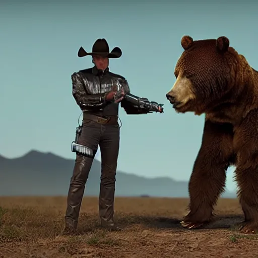 Image similar to a terminator android dressed as a cowboy while mounting a bear, 8 k, movie still, high detail, hyperrealistic