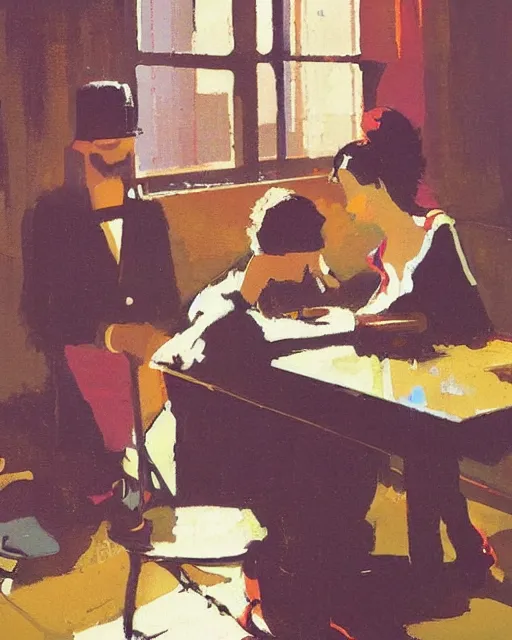 Prompt: a man and a woman sitting at a table, a screenshot roman muradov and paul lehr and dan mumford, trending on pinterest, barbizon school, movie still, hall of mirrors, filmic