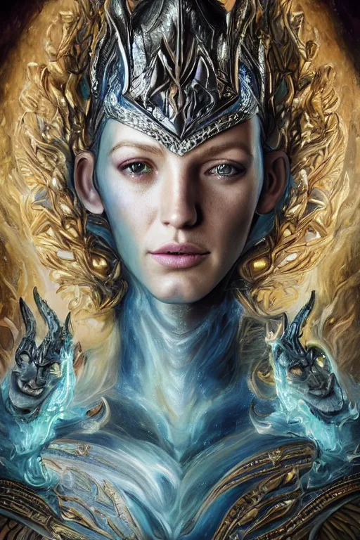 Prompt: A fantasy book style portrait painting of a hybrid, Blake Lively, Anya_Taylor-Joy, Cory Chase, as a Mystical Valkyrie, Anubis-Reptilian, Atlantean Warrior, intense soul penetrating aqua eyes, François Boucher, Michael Cheval, Oil Painting, Crisp clear resolution, unreal 5, DAZ, hyperrealistic, octane render, Regal, Refined, Detailed Digital Art, RPG portrait, William-Adolphe Bouguereau, Walt Disney (1937), Steampunk, hyperdetailed, artstation, cgsociety, Volumetric Golden dappled dynamic lighting, Highly Detailed, Cinematic Lighting, Unreal Engine, 8k, HD