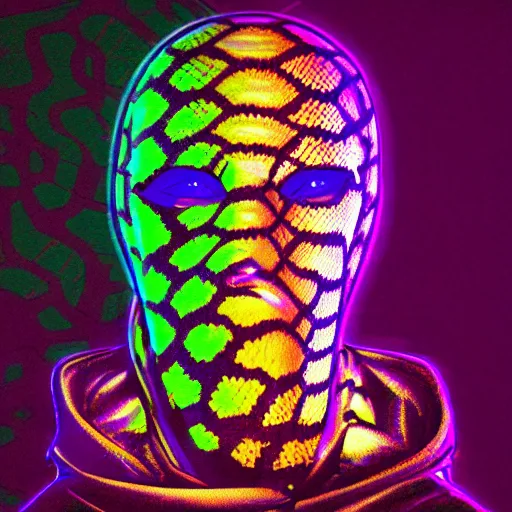 Image similar to python head in hoodie, portrait, vaporwave, synthwave, neon, vector graphics, cinematic, volumetric lighting, f 8 aperture, cinematic eastman 5 3 8 4 film, photorealistic, graffiti