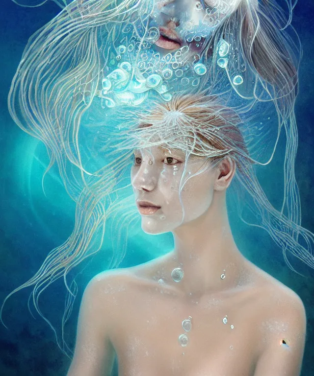 Image similar to underwater portrait of a goddess mermaid with (reaction diffusion) scaled fish skin Bioluminescent phoenix jellyfish, energy rays, Her breath shot a haze of steam out into the frosty morning air concept, soft light, soft mood, realistic body features and face, illustration,intricate ornament halo, painting oil on canvas by Elena Zhurikhina and Goro Fujita and Charlie Bowater, octane render trending on artstation, 4k, 8k, HD