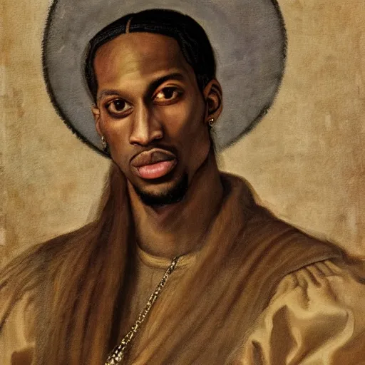 Image similar to a renaissance style portrait painting of travis scott